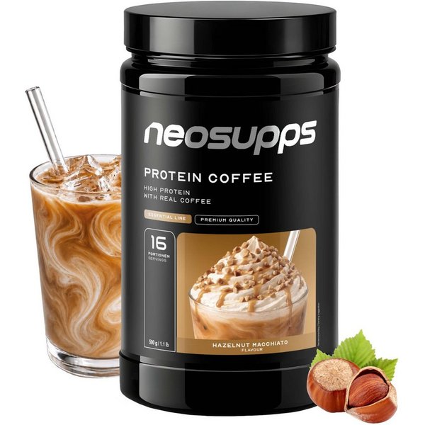 Neosupps Protein Iced Coffee Hazelnut Macchiato 500g, Eiweißkaffee, 20g Protein Pulver, 500 g, 80mg Koffein pro Portion, Low Sugar Protein Drink mit Kaffee