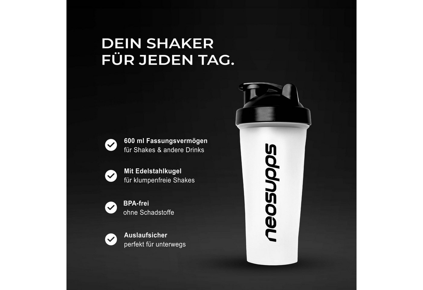 Neosupps Protein Shaker 600 ml, Transparenter Eiweiß Shaker, 100% Auslaufsicher Whey Shaker, mit Edelstahlkugel für klumpenfreies Shaken für Sport & unterwegs – Bild 2 von 5