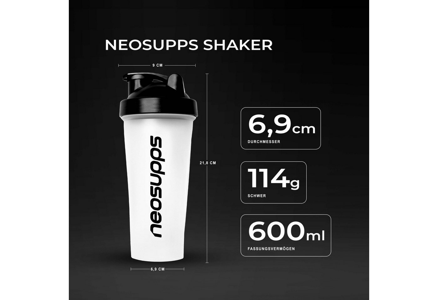 Neosupps Protein Shaker 600 ml, Transparenter Eiweiß Shaker, 100% Auslaufsicher Whey Shaker, mit Edelstahlkugel für klumpenfreies Shaken für Sport & unterwegs – Bild 4 von 5