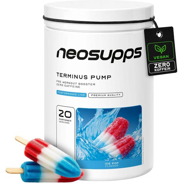 Neosupps Terminus PUMP XXL Ice Pop 540g, Pre Workout Booster ohne Koffein Pulver, 540 g, Pump & Fokus, geprüfte Qualität, 8.000 mg L-Citrullin, Vegan