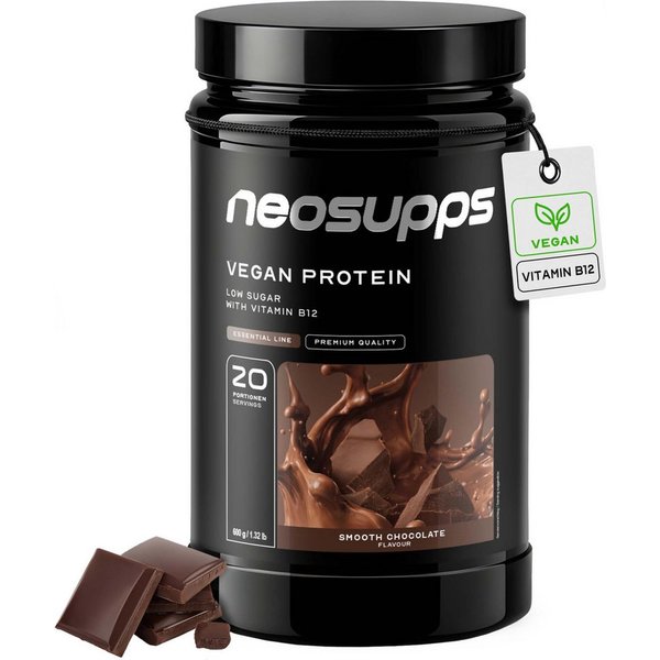 Neosupps Vegan Protein Pulver Smooth Choco 600g, mit Vitamin B12 & zuckerarm Pulver, 600 g, Veganes Proteinpulver aus Erbsen-, Reis- & Kürbiskernprotein