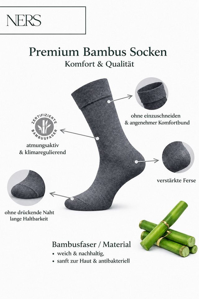 NERS Basicsocken aus Bambus Damen & Herren, ohne Naht im Zehenbereich, Komfortbund (Spar-Set, 6-Paar, verstärkte Verse) Premium Bambussocken Atmungsaktiv & Weic – Bild 2 von 5