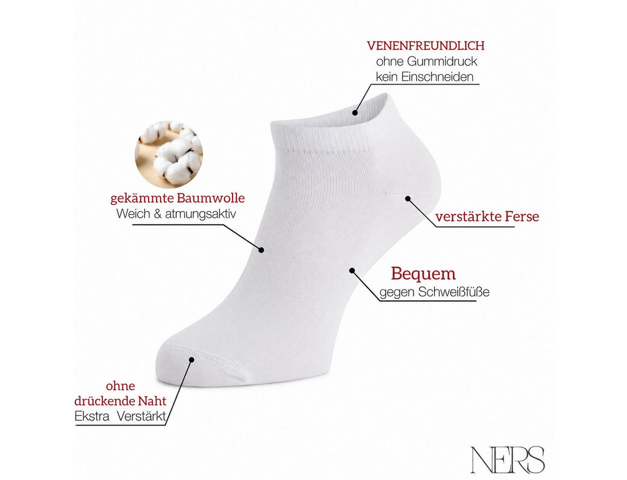 NERS Sneakersocken aus Baumwolle, für Damen & Herren, ohne Naht im Zehenbereich (Spar-Set, 10-Paar) Kein Verrutschen, mit Komfortbund, atmungsaktiv, für Alltag  – Bild 2 von 5