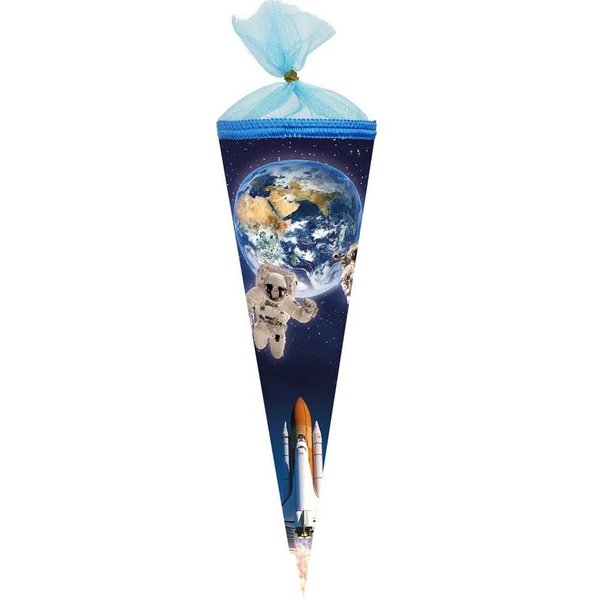 Nestler Schultüte Weltraum, 35 cm, rund, mit blauem Tüllverschluss, Astronaut, für Geschwister