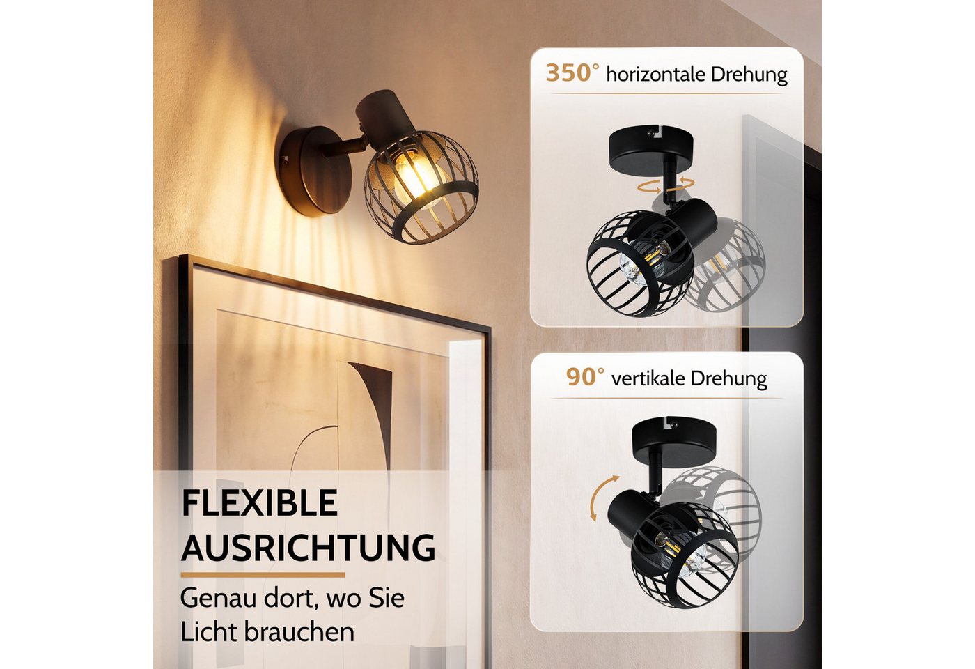 Nettlife Deckenstrahler 1/2/3flammig Schwarz Retro E14 Wandlampe Industrie Deckenspot, ohne Leuchtmittel, Käfiglampe aus Metall Wandspot für Schlafzimmer Flur – Bild 2 von 5