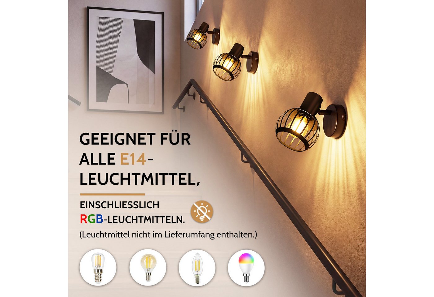 Nettlife Deckenstrahler 1/2/3flammig Schwarz Retro E14 Wandlampe Industrie Deckenspot, ohne Leuchtmittel, Käfiglampe aus Metall Wandspot für Schlafzimmer Flur – Bild 3 von 5
