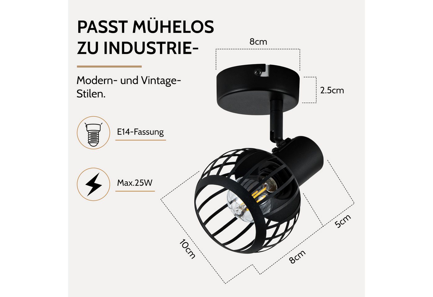 Nettlife Deckenstrahler 1/2/3flammig Schwarz Retro E14 Wandlampe Industrie Deckenspot, ohne Leuchtmittel, Käfiglampe aus Metall Wandspot für Schlafzimmer Flur – Bild 4 von 5