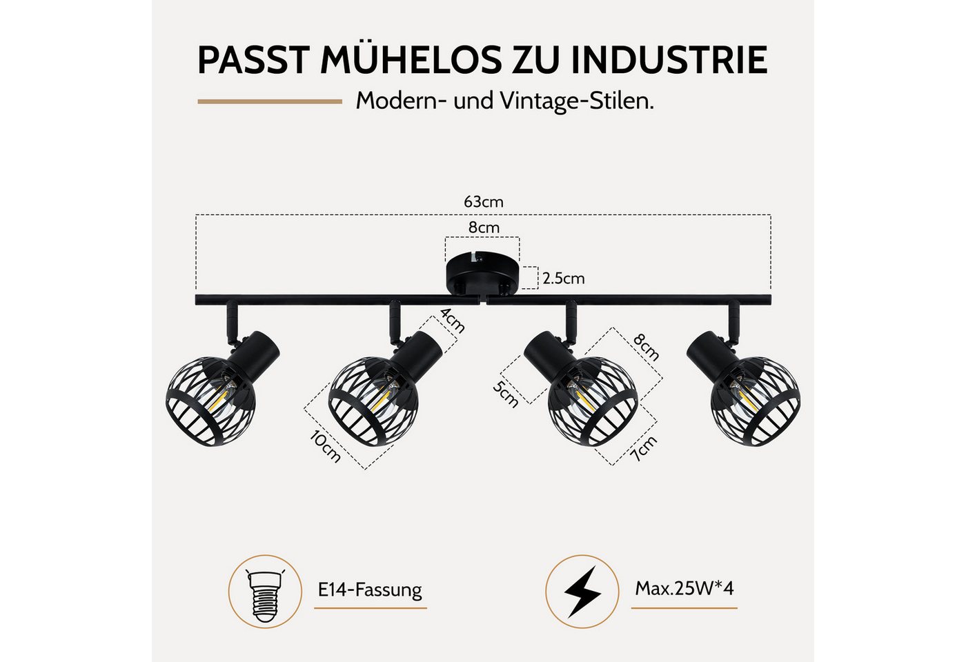 Nettlife Deckenstrahler 1/2/3flammig Schwarz Retro E14 Wandlampe Industrie Deckenspot, ohne Leuchtmittel, Käfiglampe aus Metall Wandspot für Schlafzimmer Flur – Bild 3 von 5