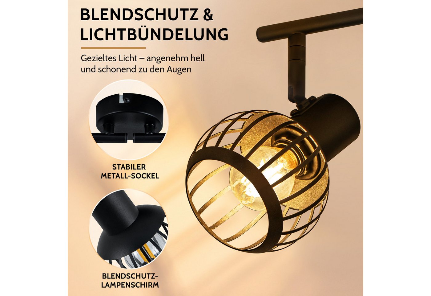 Nettlife Deckenstrahler 1/2/3flammig Schwarz Retro E14 Wandlampe Industrie Deckenspot, ohne Leuchtmittel, Käfiglampe aus Metall Wandspot für Schlafzimmer Flur – Bild 5 von 5
