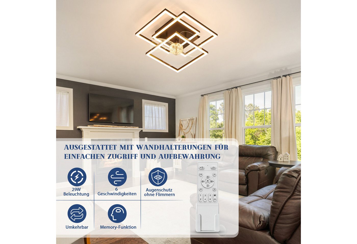 Nettlife Deckenventilator Beleuchtung dimmbar 6-Stufen Fernbedienung leiser Schwarz Modern, für Wohnzimmer Esszimmer Schlafzimmer Timer Nachtautomatik – Bild 2 von 5