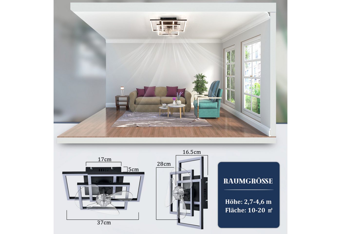 Nettlife Deckenventilator Beleuchtung dimmbar 6-Stufen Fernbedienung leiser Schwarz Modern, für Wohnzimmer Esszimmer Schlafzimmer Timer Nachtautomatik – Bild 4 von 5