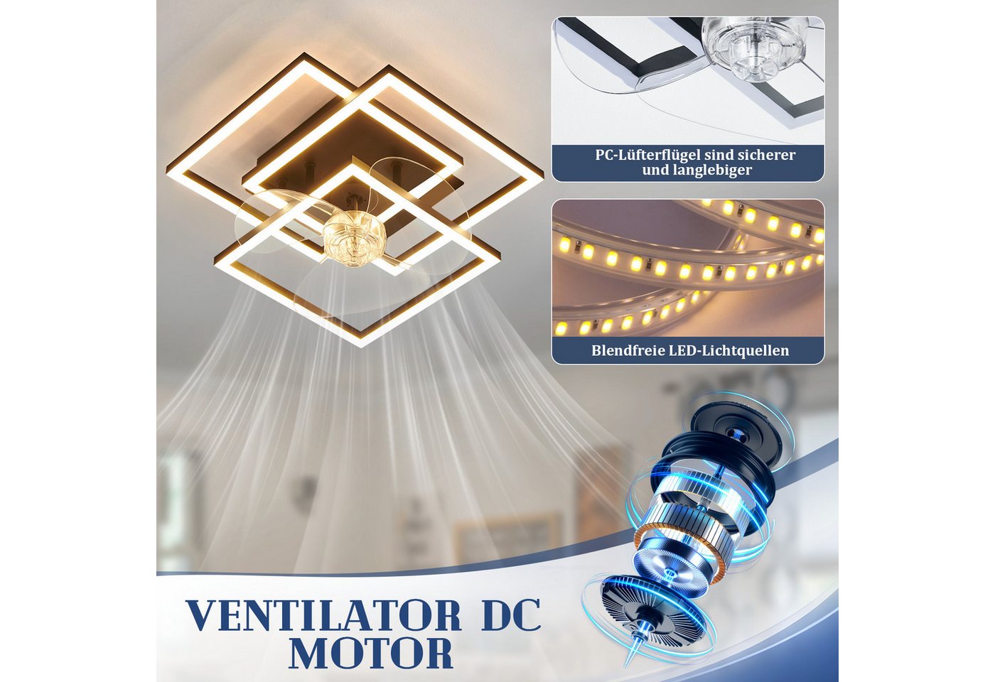 Nettlife Deckenventilator Beleuchtung dimmbar 6-Stufen Fernbedienung leiser Schwarz Modern, für Wohnzimmer Esszimmer Schlafzimmer Timer Nachtautomatik – Bild 5 von 5
