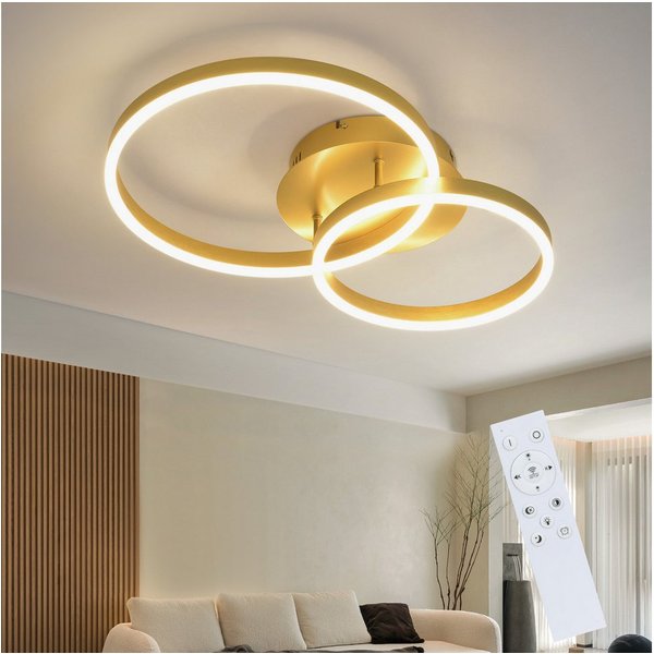 Nettlife LED Deckenleuchte Dimmbar Wohnzimmer Gold 2 Ring 46W 59CM Modern, Dimmbar mit Fernbedienung, LED fest integriert, Geeignet für Wohnzimmer, Schlafzimmer