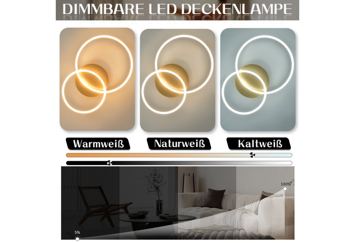 Nettlife LED Deckenleuchte Dimmbar Wohnzimmer Gold 2 Ring 46W 59CM Modern, Dimmbar mit Fernbedienung, LED fest integriert, Geeignet für Wohnzimmer, Schlafzimmer – Bild 2 von 5