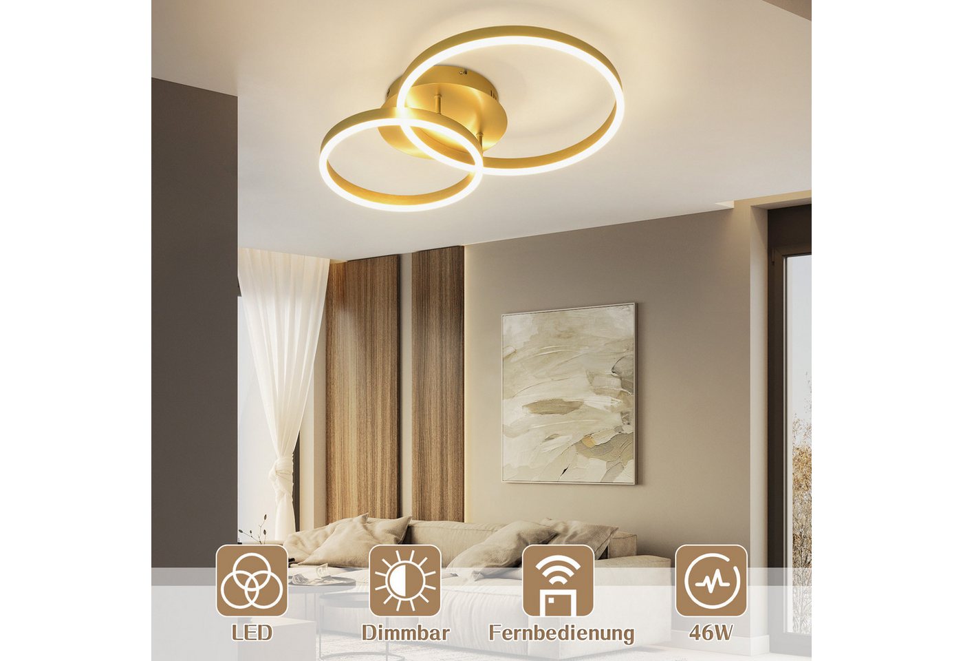 Nettlife LED Deckenleuchte Dimmbar Wohnzimmer Gold 2 Ring 46W 59CM Modern, Dimmbar mit Fernbedienung, LED fest integriert, Geeignet für Wohnzimmer, Schlafzimmer – Bild 3 von 5