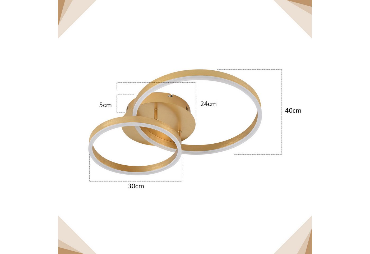 Nettlife LED Deckenleuchte Dimmbar Wohnzimmer Gold 2 Ring 46W 59CM Modern, Dimmbar mit Fernbedienung, LED fest integriert, Geeignet für Wohnzimmer, Schlafzimmer – Bild 4 von 5