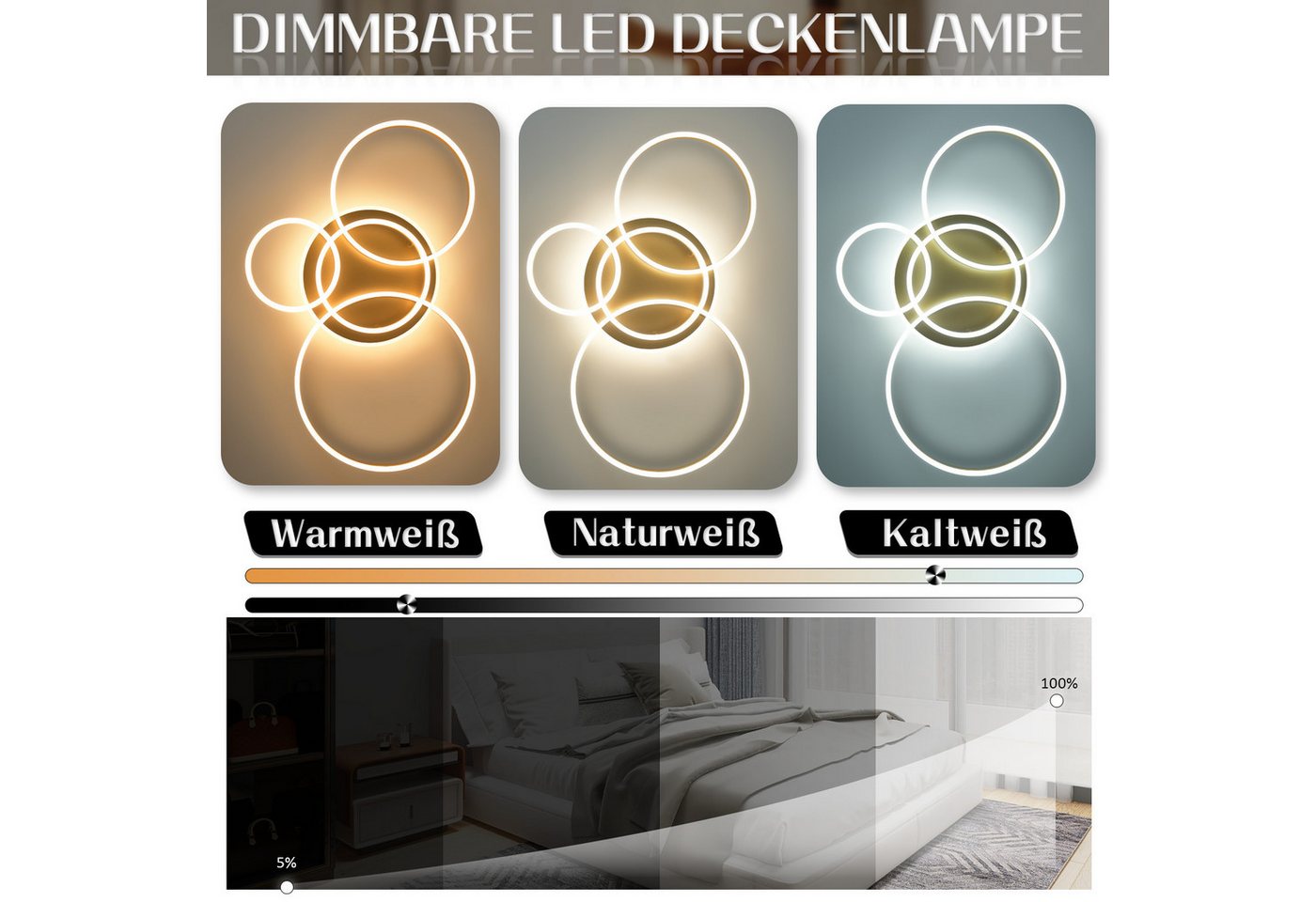 Nettlife LED Deckenleuchte Dimmbar Wohnzimmer Gold 2 Ring 46W 59CM Modern, Dimmbar mit Fernbedienung, LED fest integriert, Geeignet für Wohnzimmer, Schlafzimmer – Bild 2 von 5