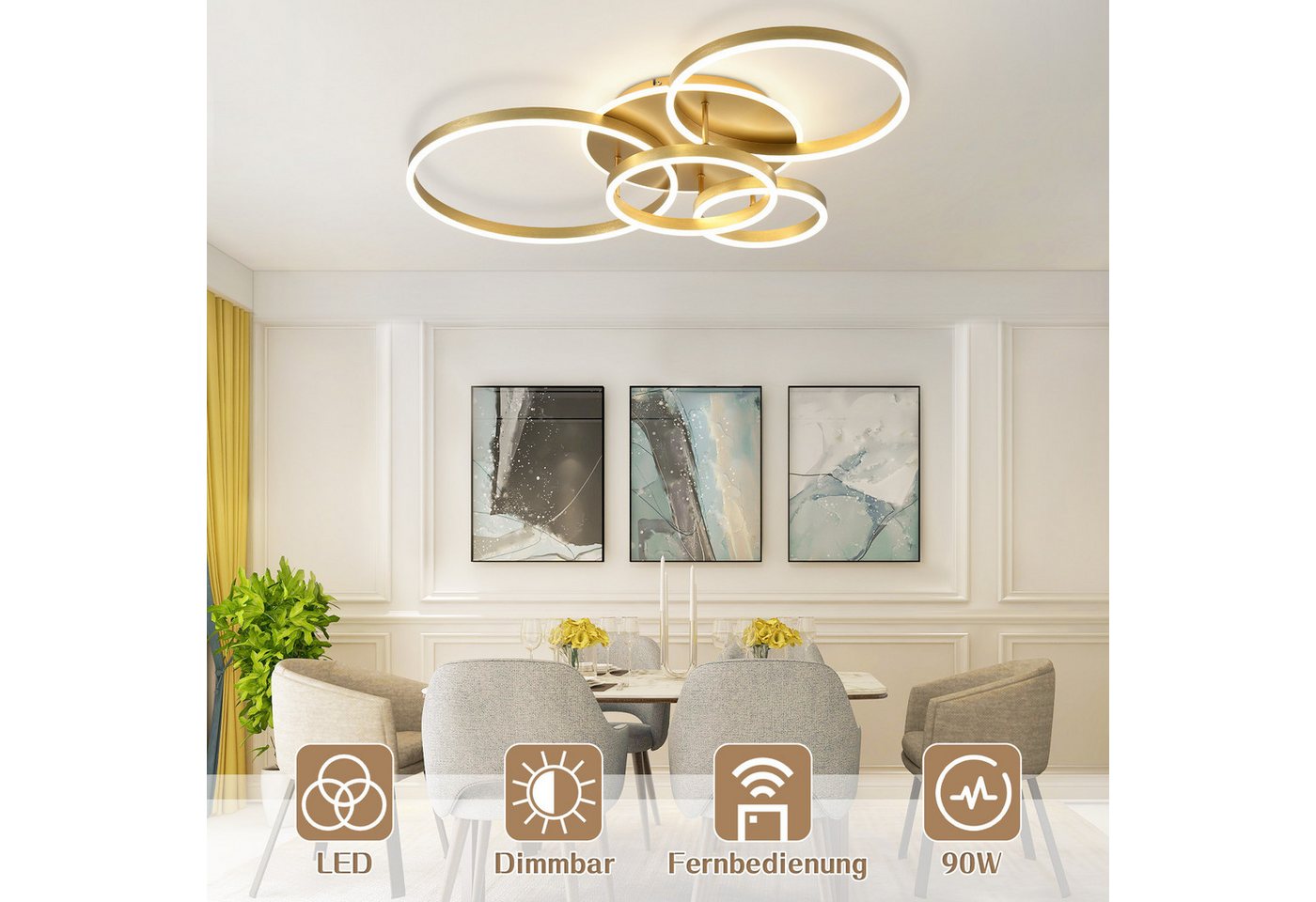 Nettlife LED Deckenleuchte Dimmbar Wohnzimmer Gold 2 Ring 46W 59CM Modern, Dimmbar mit Fernbedienung, LED fest integriert, Geeignet für Wohnzimmer, Schlafzimmer – Bild 3 von 5