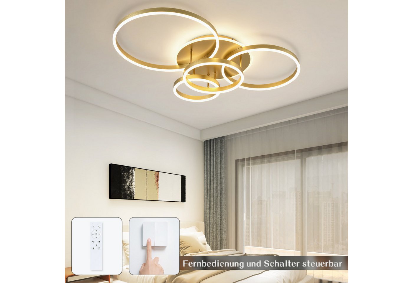 Nettlife LED Deckenleuchte Dimmbar Wohnzimmer Gold 2 Ring 46W 59CM Modern, Dimmbar mit Fernbedienung, LED fest integriert, Geeignet für Wohnzimmer, Schlafzimmer – Bild 5 von 5