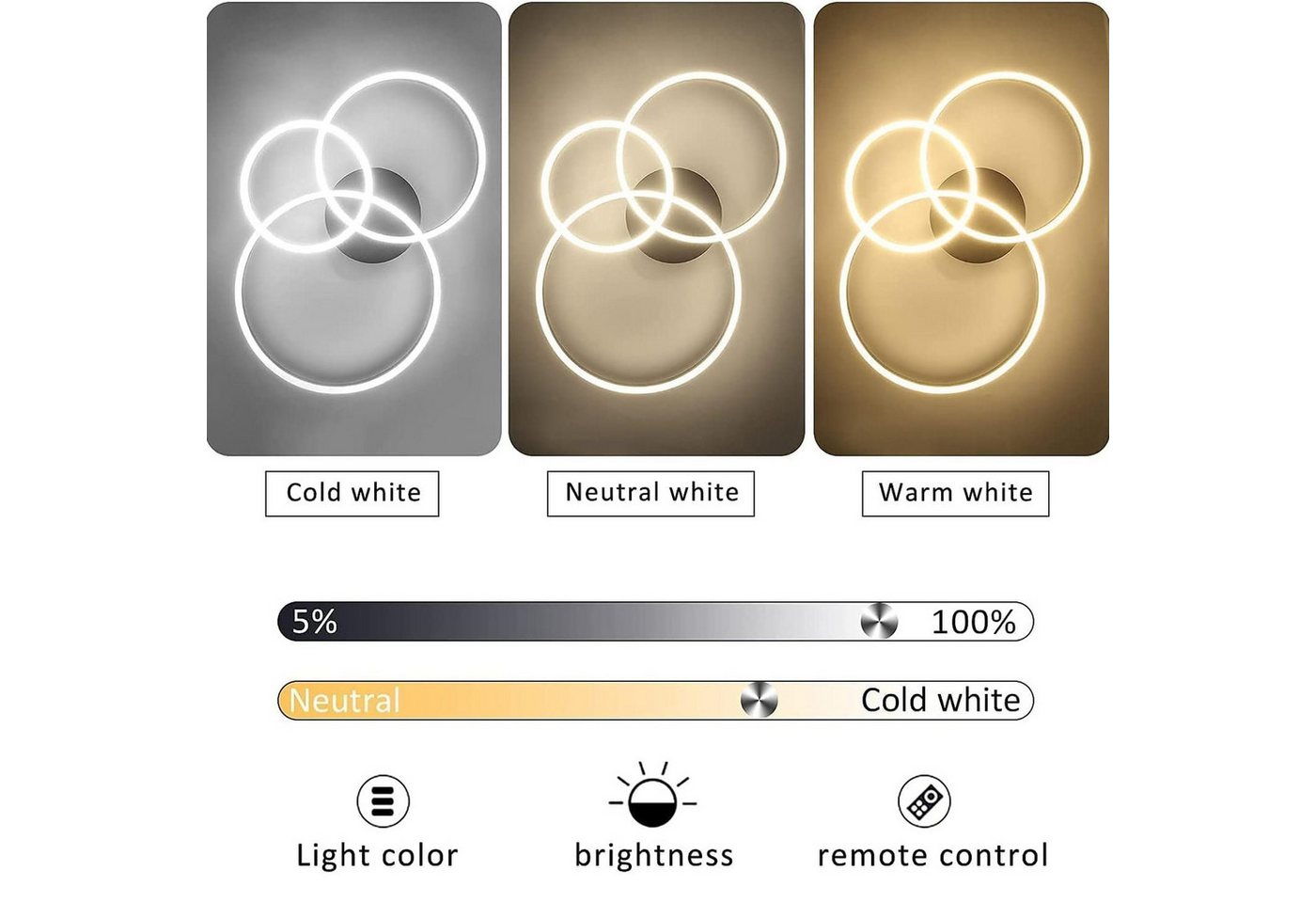 Nettlife LED Deckenleuchte Dimmbar Wohnzimmer Gold 2 Ring 46W 59CM Modern, Dimmbar mit Fernbedienung, LED fest integriert, Geeignet für Wohnzimmer, Schlafzimmer – Bild 2 von 5