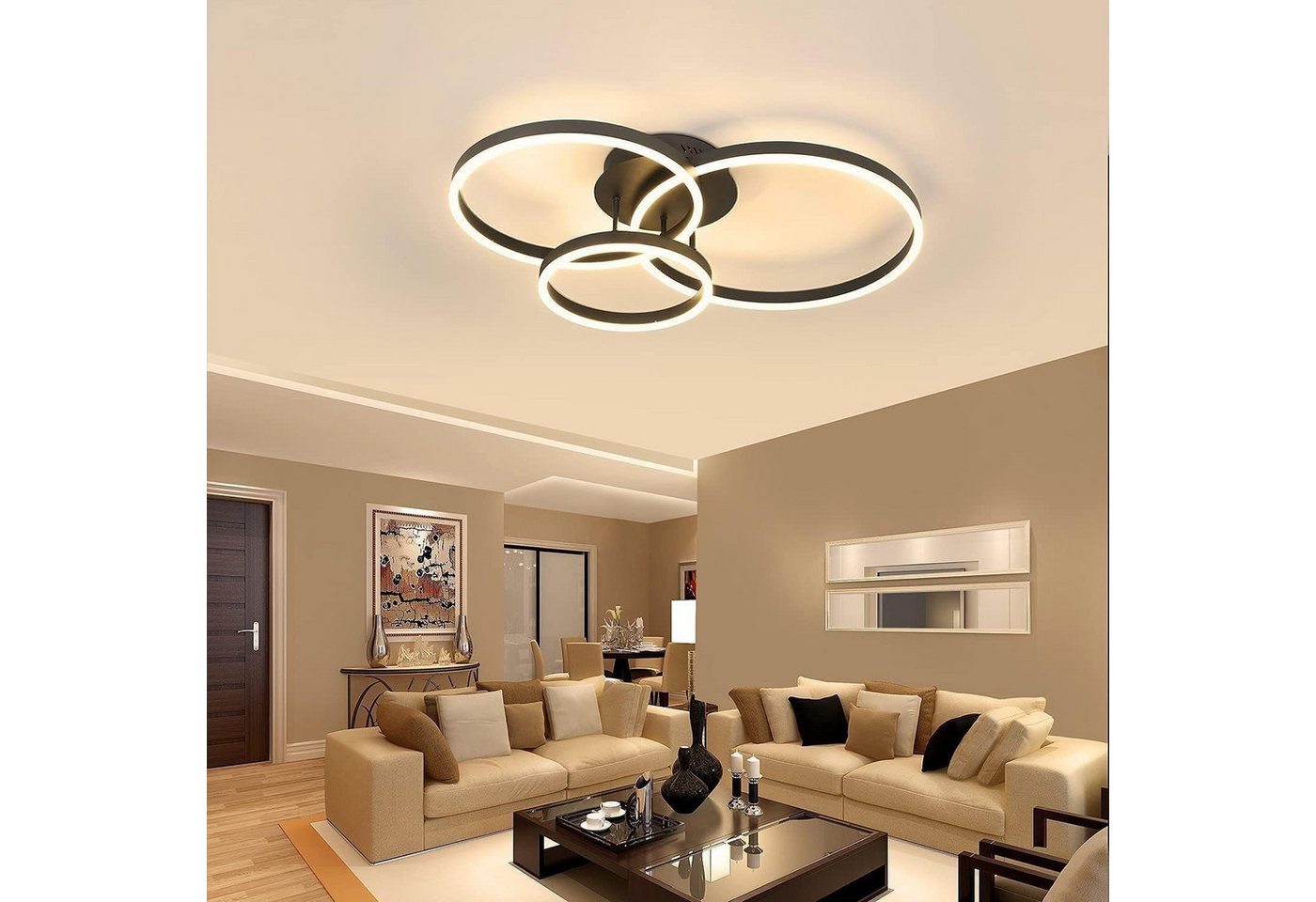 Nettlife LED Deckenleuchte Dimmbar Wohnzimmer Gold 2 Ring 46W 59CM Modern, Dimmbar mit Fernbedienung, LED fest integriert, Geeignet für Wohnzimmer, Schlafzimmer – Bild 4 von 5