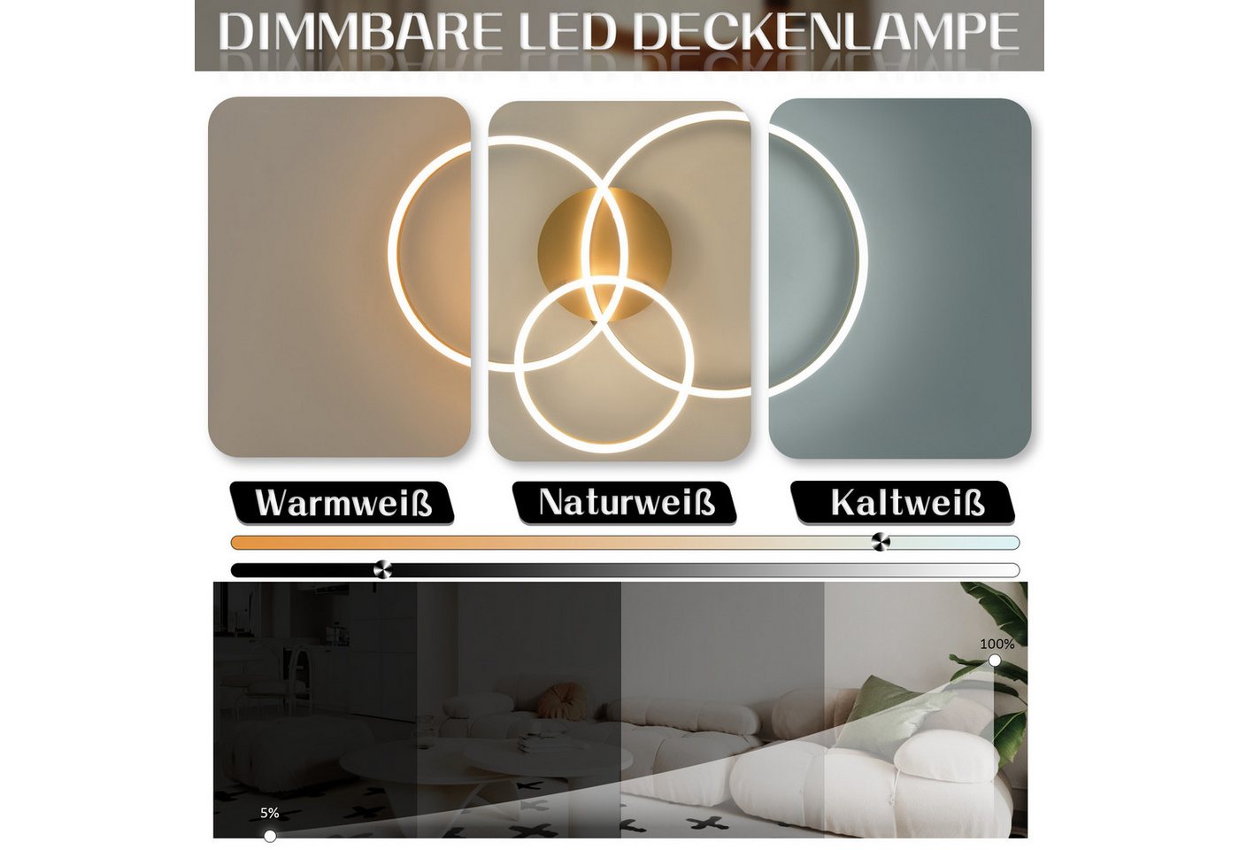 Nettlife LED Deckenleuchte Dimmbar Wohnzimmer Gold 2 Ring 46W 59CM Modern, Dimmbar mit Fernbedienung, LED fest integriert, Geeignet für Wohnzimmer, Schlafzimmer – Bild 2 von 5