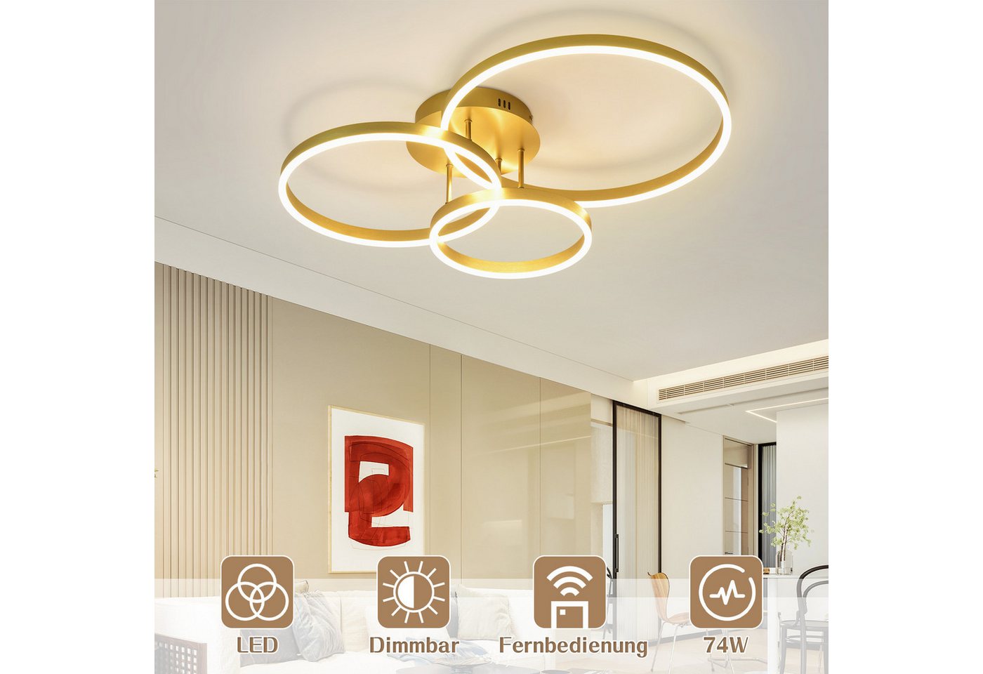 Nettlife LED Deckenleuchte Dimmbar Wohnzimmer Gold 2 Ring 46W 59CM Modern, Dimmbar mit Fernbedienung, LED fest integriert, Geeignet für Wohnzimmer, Schlafzimmer – Bild 3 von 5