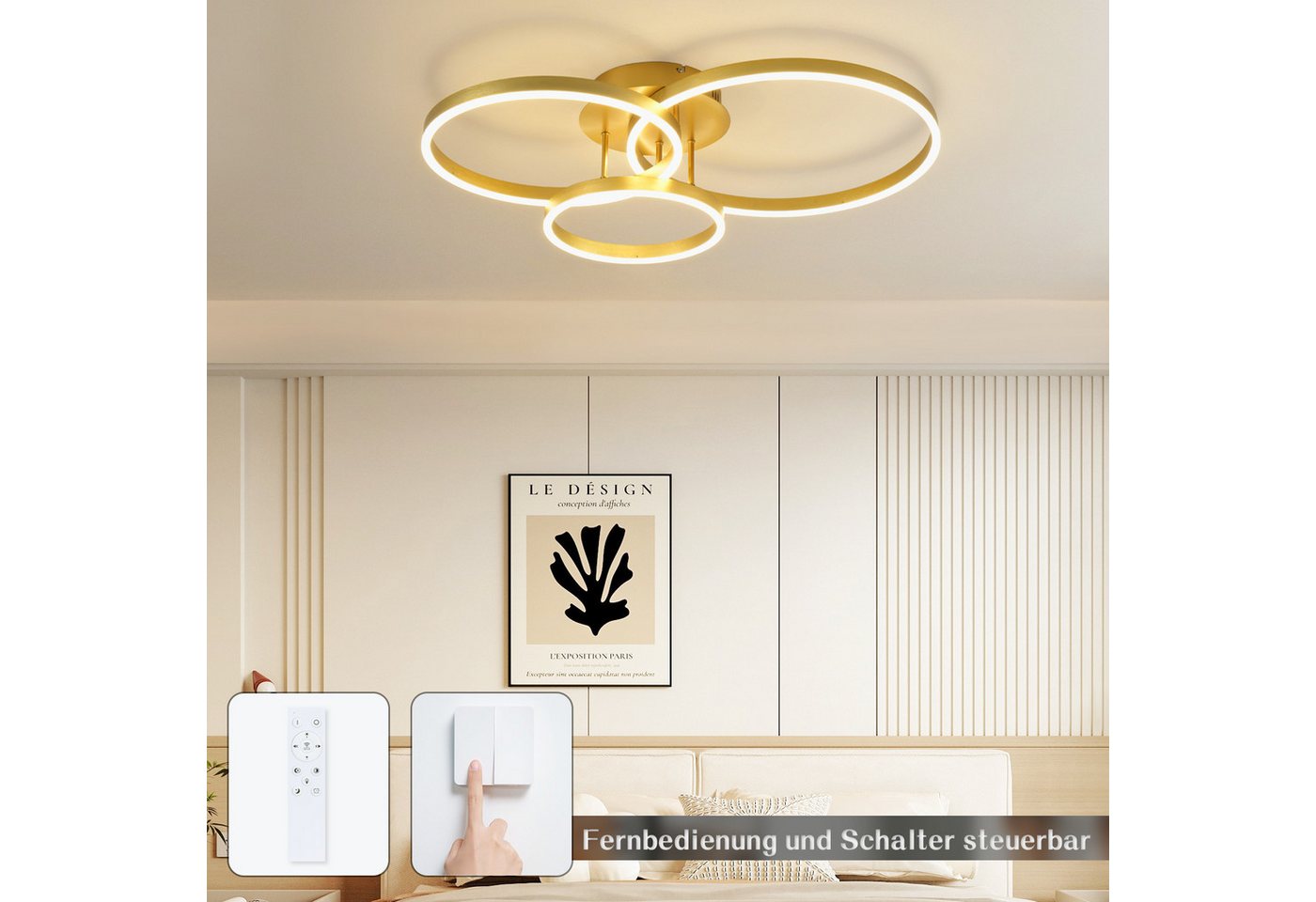Nettlife LED Deckenleuchte Dimmbar Wohnzimmer Gold 2 Ring 46W 59CM Modern, Dimmbar mit Fernbedienung, LED fest integriert, Geeignet für Wohnzimmer, Schlafzimmer – Bild 5 von 5