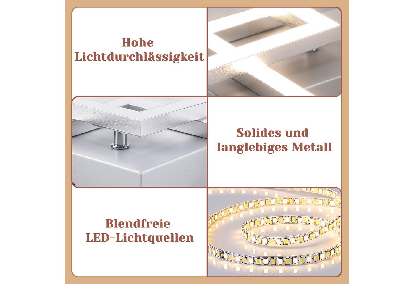 Nettlife LED Deckenleuchte Eckig Silber Modern Schlafzimmer 24W Metall 3000K Warmweiß Flur, LED fest integriert, Deckebeleuchtung für Schlafzimmer Wohnzimmer Es – Bild 2 von 5