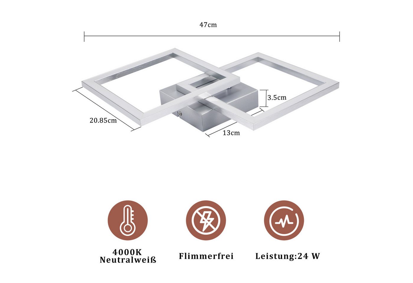 Nettlife LED Deckenleuchte Eckig Silber Modern Schlafzimmer 24W Metall 3000K Warmweiß Flur, LED fest integriert, Deckebeleuchtung für Schlafzimmer Wohnzimmer Es – Bild 3 von 5