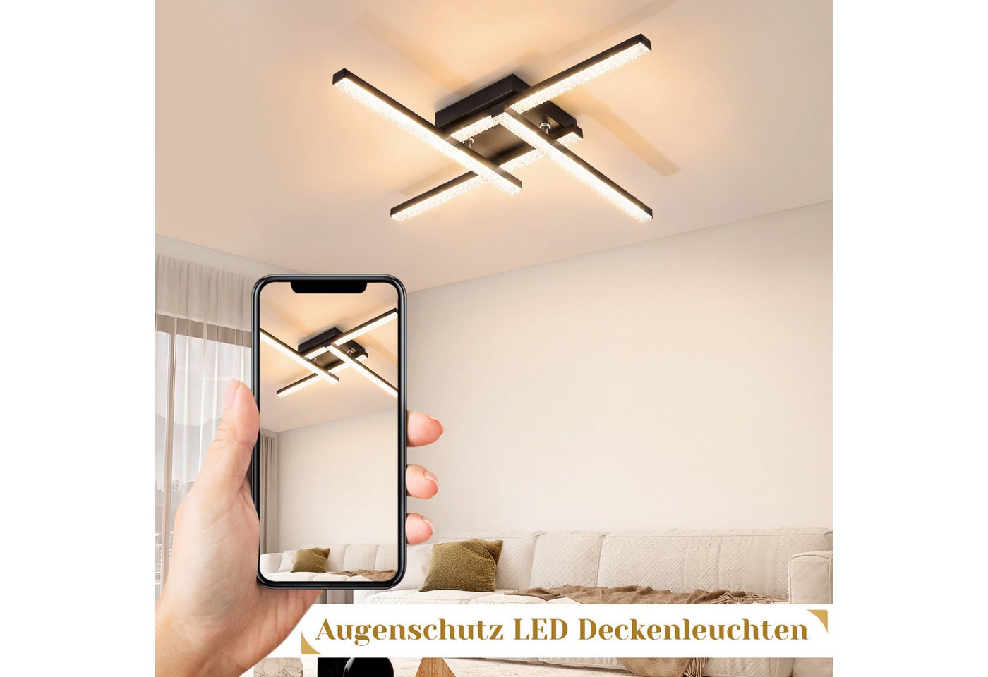 Nettlife LED Deckenleuchte Flur Wohnzimmer Schwarz modern Kristall Deckenlampe 12/24W, LED fest integriert, Warmweiß, Kristalle 24W 45.5*45.5*7.3cm für Wohnzimm – Bild 2 von 5