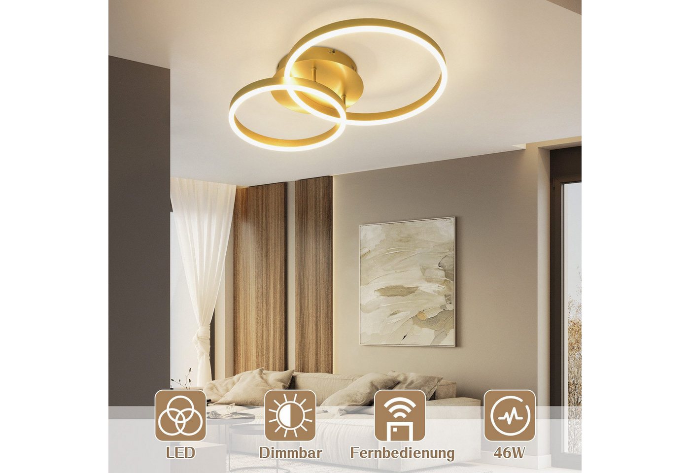 Nettlife LED Deckenleuchte Gold / Silber / Schwarz Wohnzimmerlampe Modernes Dimmbar 59 cm, LED fest integriert, Geeignet für Wohnzimmer, Schlafzimmer, Küche, Es – Bild 4 von 5