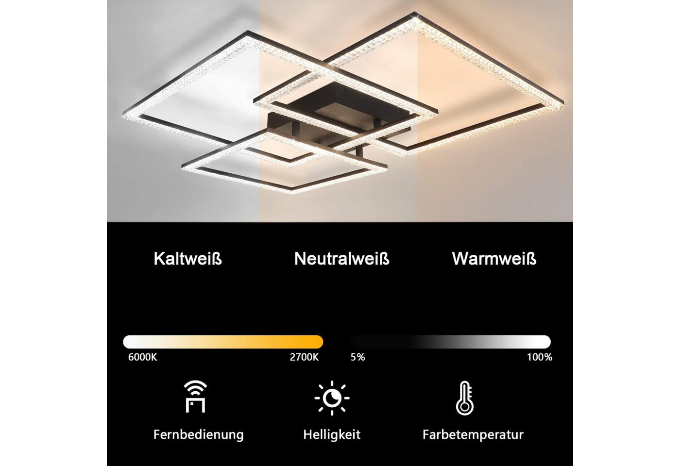 Nettlife LED Deckenleuchte LED Deckenleuchte Drei Quadratisches, LED fest integriert, Warmweiß Neutralweiß Kaltweiß, Schlafzimmer Büro Küche – Bild 4 von 5