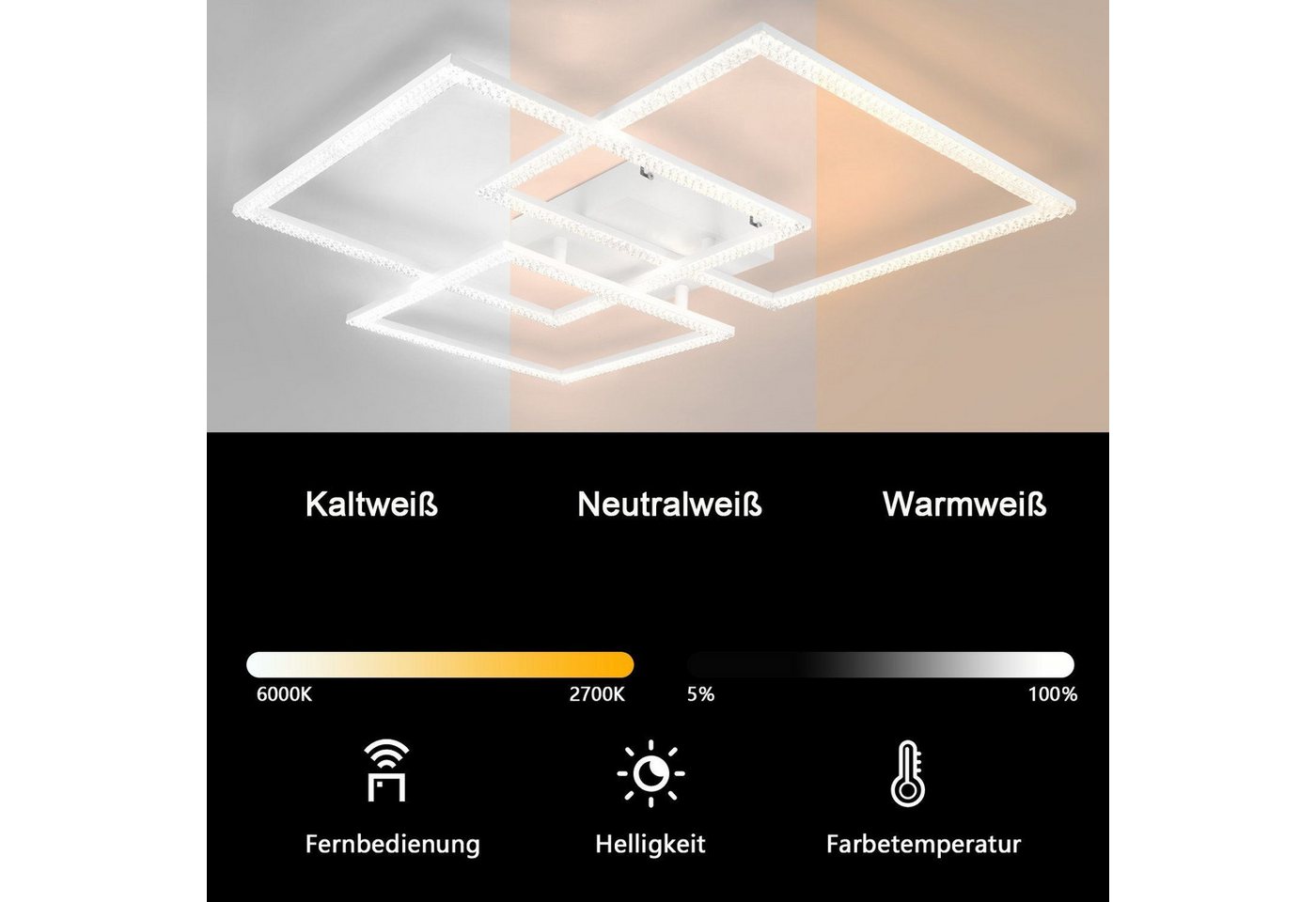 Nettlife LED Deckenleuchte LED Deckenleuchte Drei Quadratisches, LED fest integriert, Warmweiß Neutralweiß Kaltweiß, Schlafzimmer Büro Küche – Bild 4 von 5