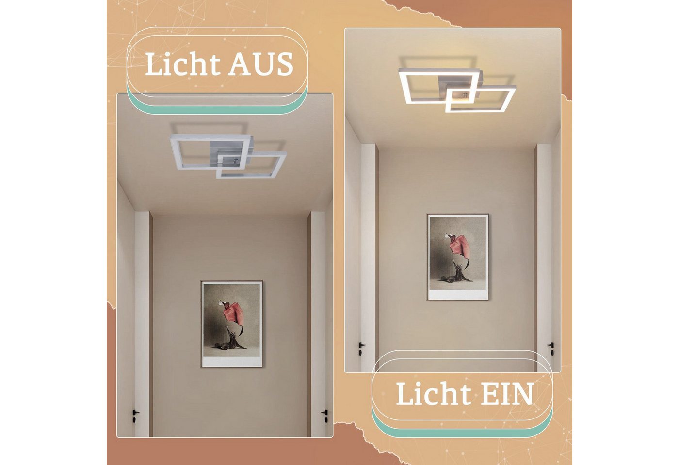 Nettlife LED Deckenleuchte Modern Schwarz/Weiß Eckig Schlafzimmer 24W Metall 3000K/4000K, LED fest integriert, Neutralweiß, Deckenbeleuchtung für Wohnzimmer Flu – Bild 5 von 5