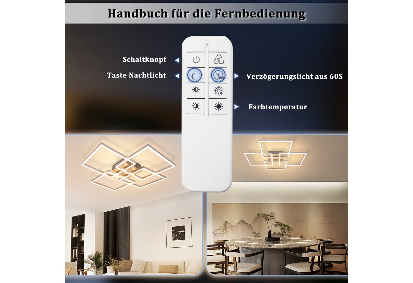 Nettlife LED Deckenleuchte Schlafzimmer Silber Dimmbar 64CM 36W Geometrisch Wohnzimmer, mit Fernbedienung, LED fest integriert, Farbwechsler, 3000K-6500K mit Fe – Bild 3 von 5