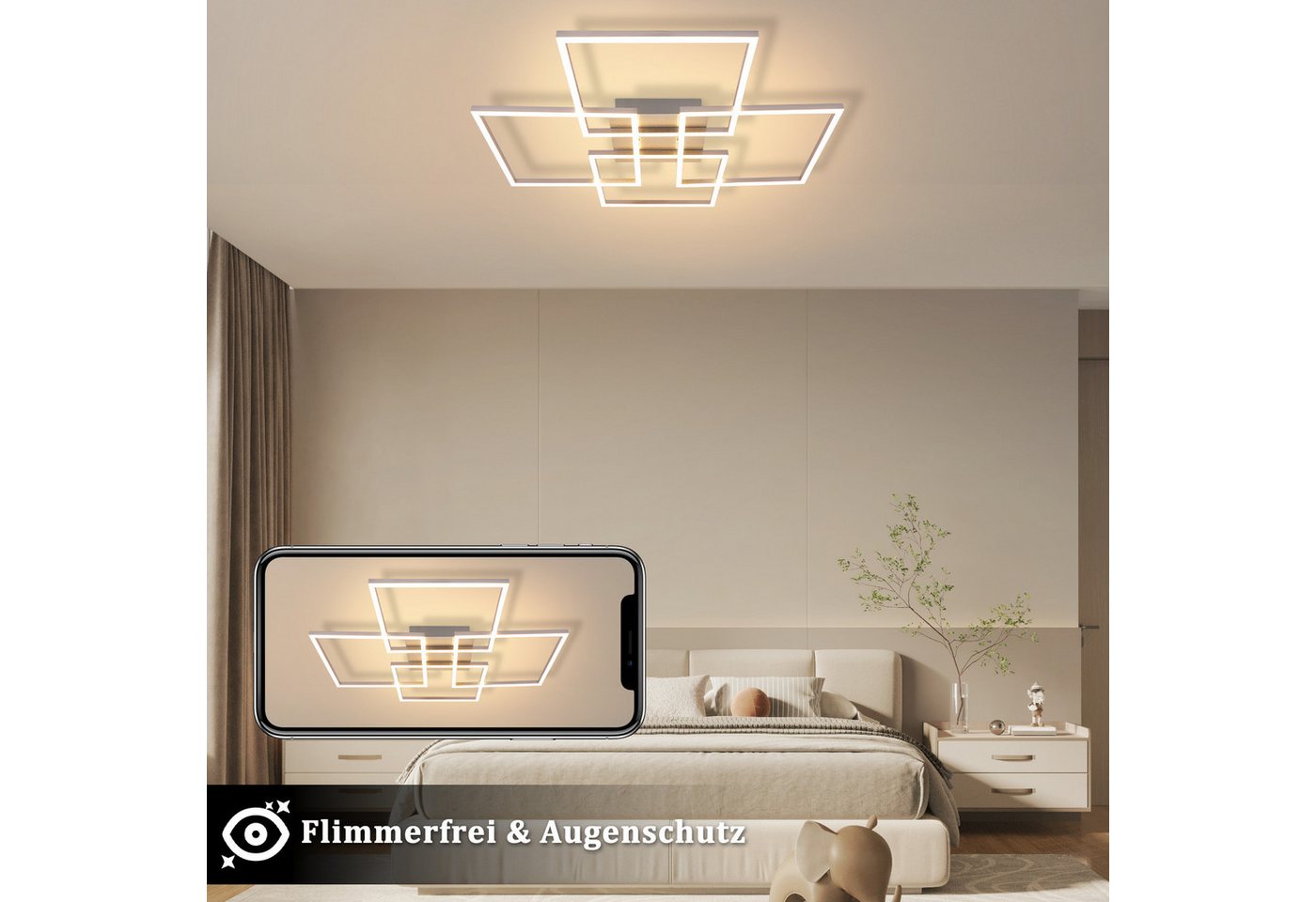 Nettlife LED Deckenleuchte Schlafzimmer Silber Dimmbar 64CM 36W Geometrisch Wohnzimmer, mit Fernbedienung, LED fest integriert, Farbwechsler, 3000K-6500K mit Fe – Bild 5 von 5