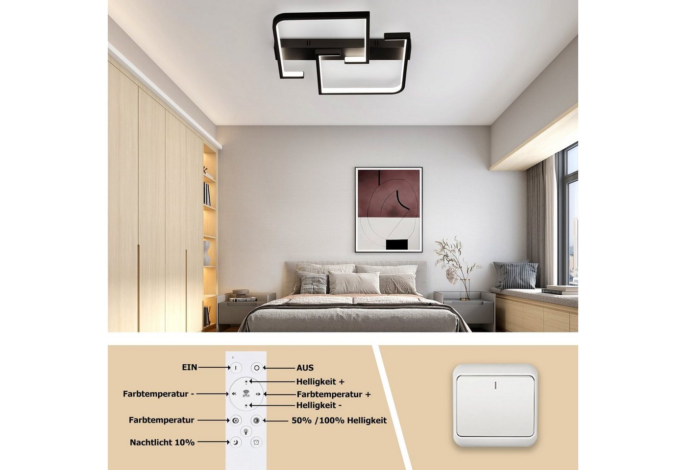Nettlife LED Deckenleuchte Schwarz Dimmbar Wohnzimmer mit Fernbedienung Deckenlampe 45W 61CM, LED fest integriert, warmweiß, Tageslichtweiß, kaltweiß, Deckenmon – Bild 5 von 5
