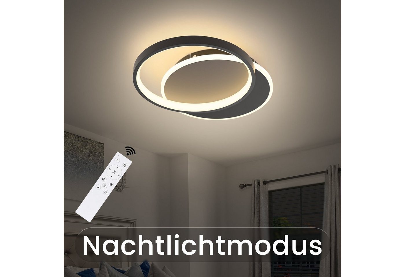 Nettlife LED Deckenleuchte schwarz mit 2 Ring Dimmbar deckenlampe rund, Dimmbar, LED fest integriert, Warmweiß, Kaltweiß, Neutralweiß, Wohnzimmer Schlafzimmer K – Bild 4 von 5