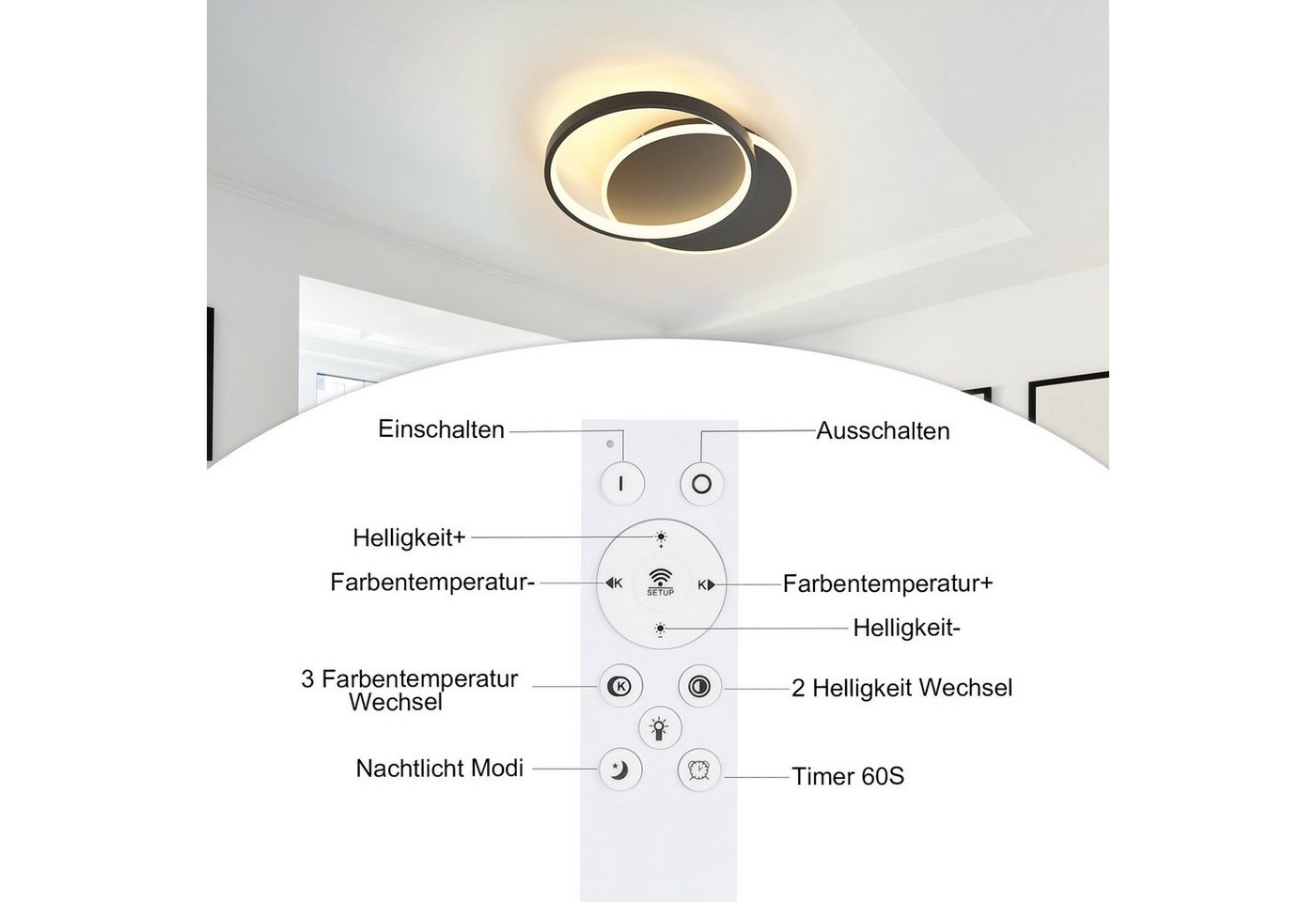 Nettlife LED Deckenleuchte schwarz mit 2 Ring Dimmbar deckenlampe rund, Dimmbar, LED fest integriert, Warmweiß, Kaltweiß, Neutralweiß, Wohnzimmer Schlafzimmer K – Bild 5 von 5