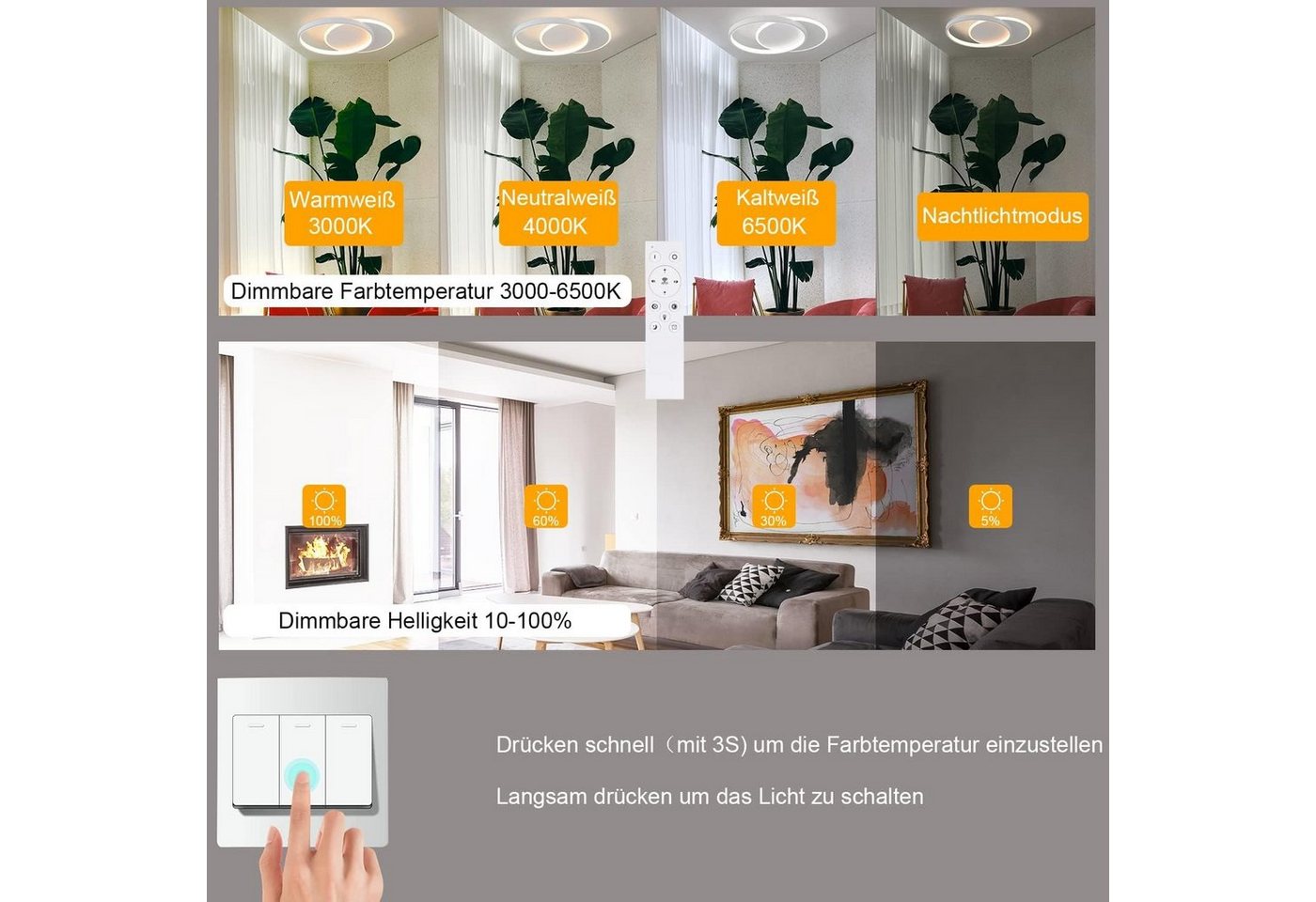 Nettlife LED Deckenleuchte schwarz mit 2 Ring Dimmbar deckenlampe rund, Dimmbar, LED fest integriert, Warmweiß, Kaltweiß, Neutralweiß, Wohnzimmer Schlafzimmer K – Bild 2 von 5