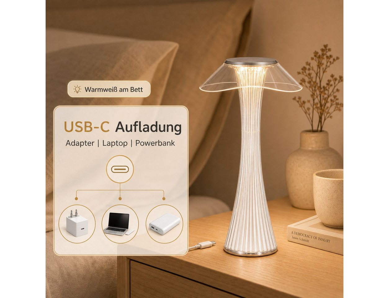 Nettlife LED Nachttischlampe Dimmbar Modern USB mit 3 Helligkeitsstufen Tischleuchte Tischlampe, Dimmbar, LED fest integriert, Naturweiß, Kaltweiß, Warmweiß, fü – Bild 5 von 5