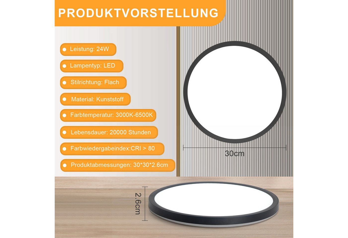 Nettlife LED Panel Flach Dimmbar Deckenleuchte 30cm Rund Weiß 24W zimmer, Dimmbar mit Fernbedienung, LED fest integriert, Kaltweiß, Warmweiß, Neutralweiß, Flurl – Bild 3 von 5