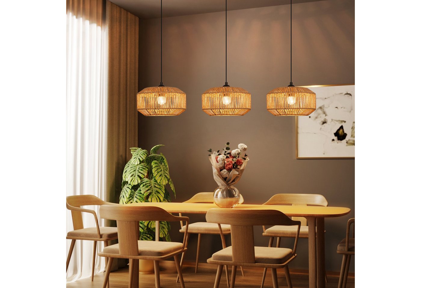 Nettlife Pendelleuchte Rattan 3 flammig Boho E27 Hängeleuchte für Esstisch, Ohne Leuchtmittel, für Esstisch Esszimmer Schlafzimmer Wohnzimmer – Bild 2 von 5