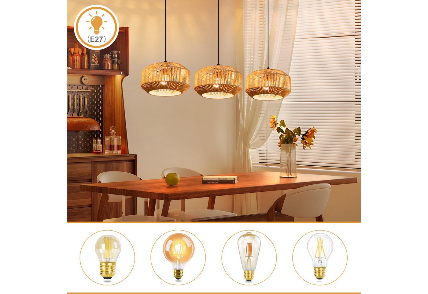 Nettlife Pendelleuchte Rattan 3 flammig Boho E27 Hängeleuchte für Esstisch, Ohne Leuchtmittel, für Esstisch Esszimmer Schlafzimmer Wohnzimmer – Bild 4 von 5