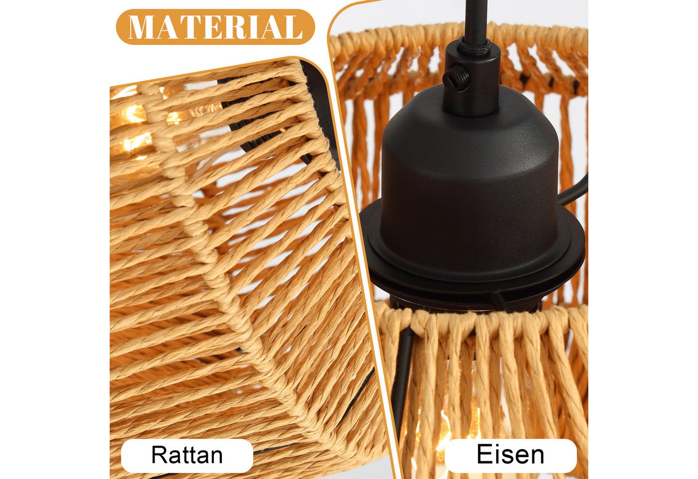 Nettlife Pendelleuchte Rattan 3 flammig Boho E27 Hängeleuchte für Esstisch, Ohne Leuchtmittel, für Esstisch Esszimmer Schlafzimmer Wohnzimmer – Bild 5 von 5