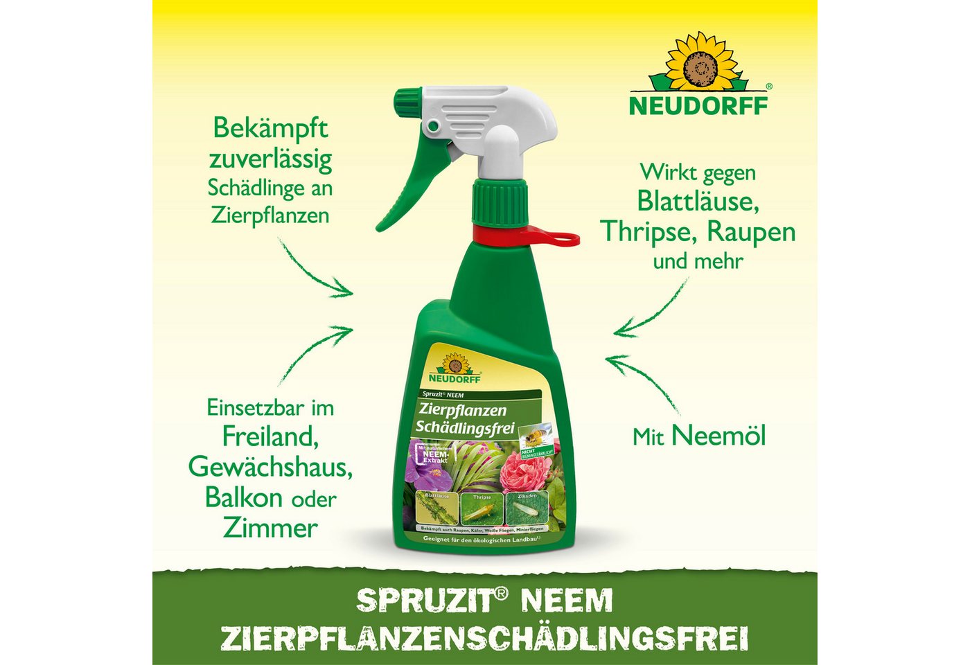Neudorff Insektenspray Spruzit NEEM ZierpflanzenSchädlingsfrei 450 ml, 0.45 l, Für Zierpflanzen in Haus, Garten, Gewächshaus & Balkon, Anwendungsfertiges Spray  – Bild 2 von 5