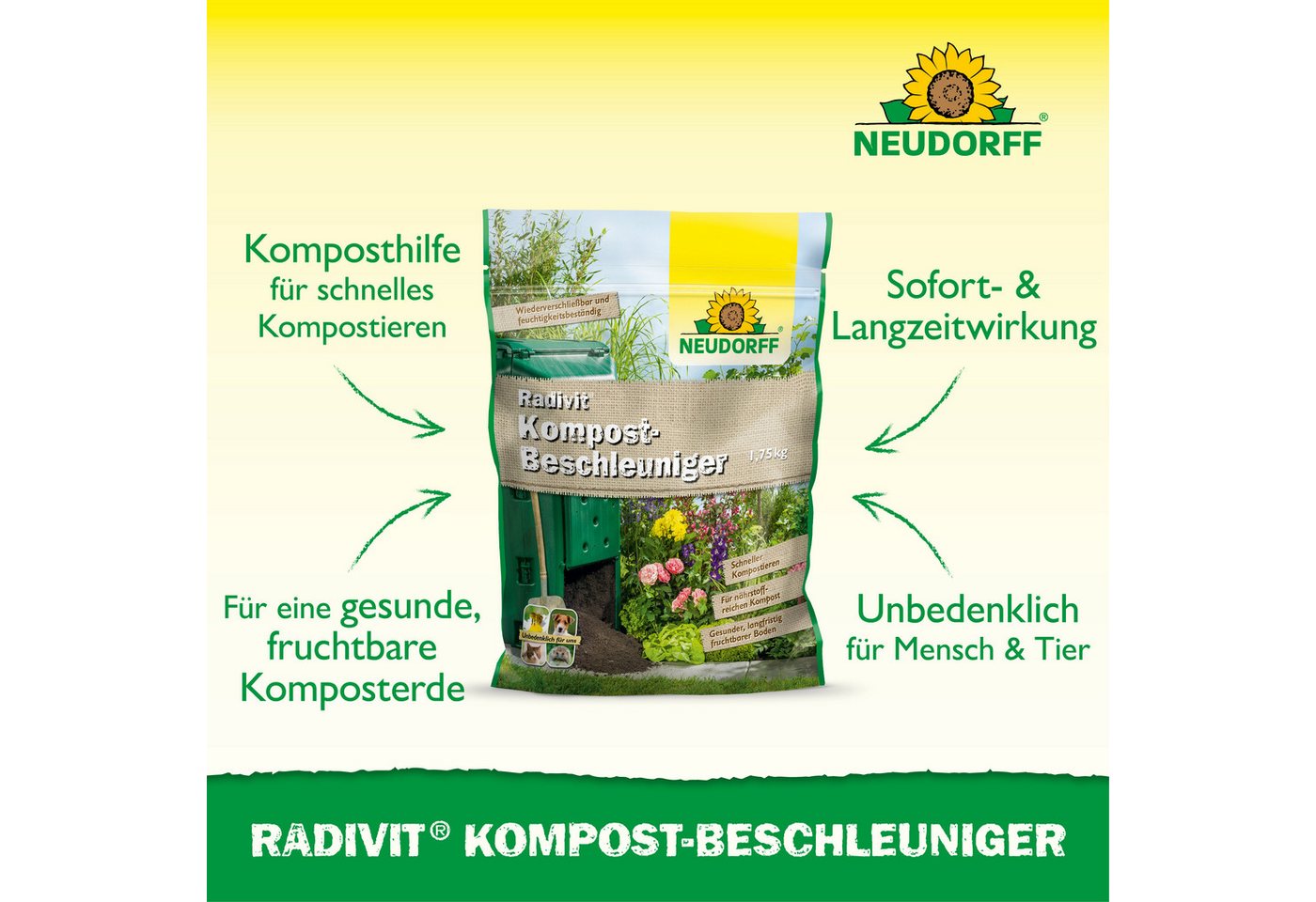 Neudorff Kompostbeschleuniger Radivit 1,75 kg, mit KompostBeschleuniger, (Kompost-Beschleuniger mit NPK-Dünger 8-3-4, Für bis zu 58 m² Fläche oder 3,5 m³ Kompos – Bild 2 von 5