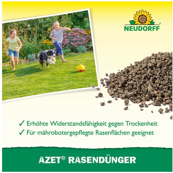 Neudorff Rasendünger Azet, Granulat gleichmäßig auf trockenem Rasen verteilen und anschließend bei Bedarf gründlich wässern., mit 6 Monaten Langzeitwirkung, Auc