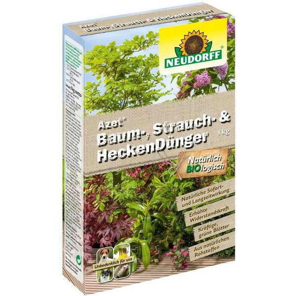 Neudorff Rasendünger Azet Baum-, Strauch- und HeckenDünger 1 kg, Für Bäume, Sträucher & Hecken, Gehölzdünger mit extra Kalium für Blattwerk & Widerstandskraft, 